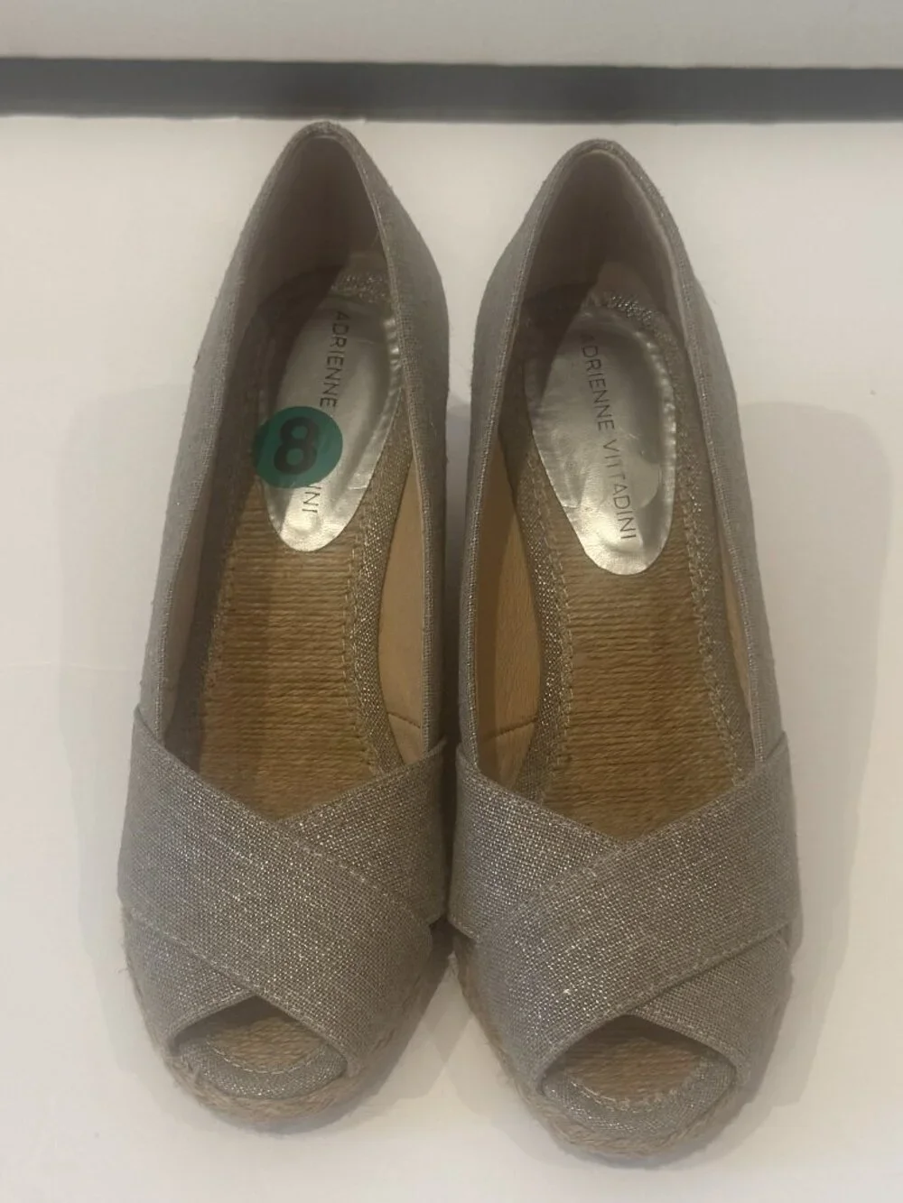 Adrienne Vittadini Bailee Silver Metallic Linen Espadrille Wedge Sandals Size 8